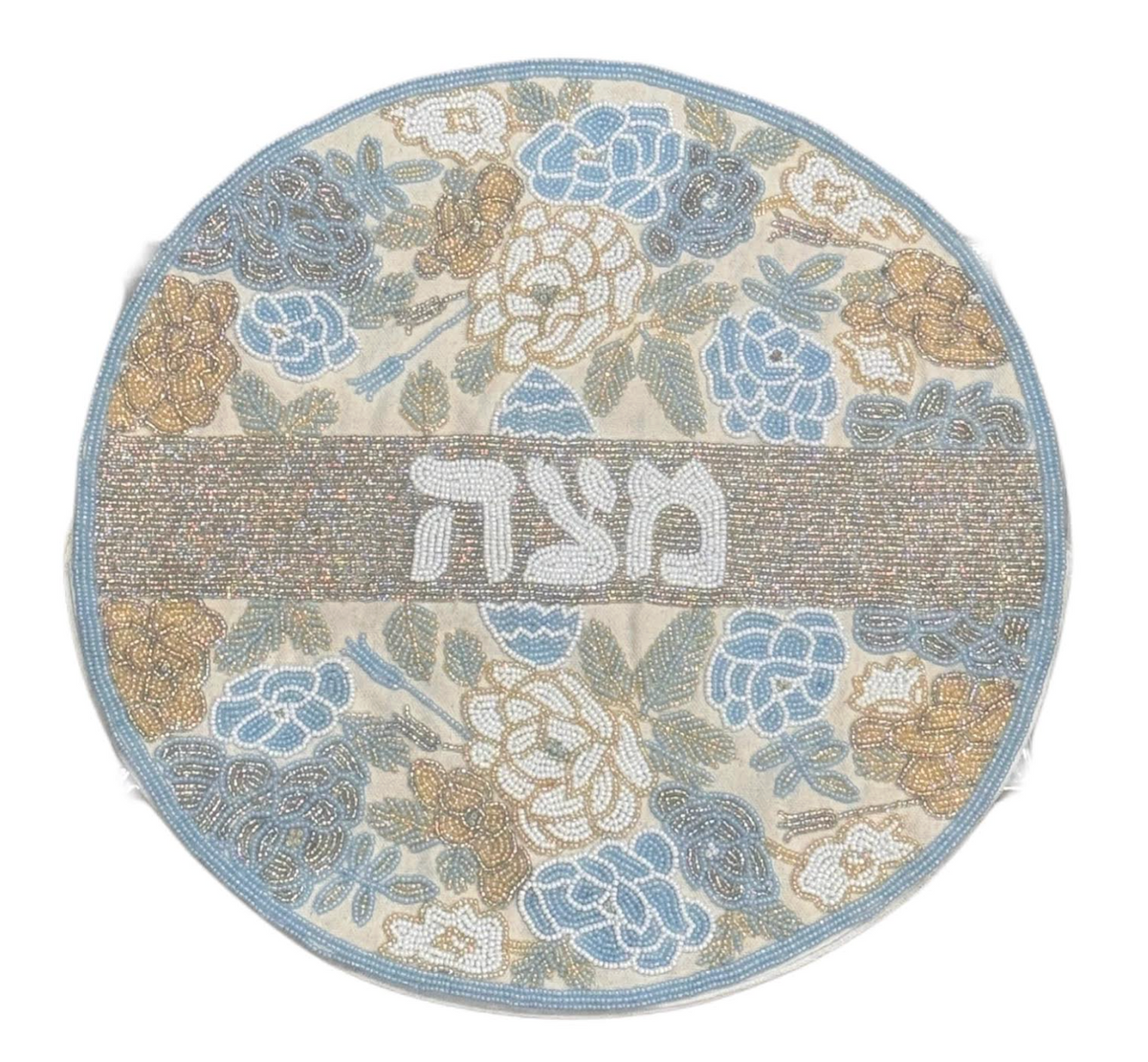 Hebrew Floral Beaded Matzah Cover - Pastel