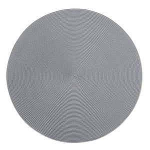 The Linen Braid 15" Placemat Set of 4 by Deborah Rhodes features round, light gray woven nylon placemats with a braided texture, adding style and durability to any table setting. Shown from above against a white background.