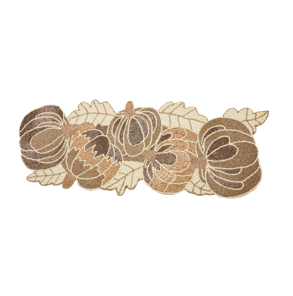 Saro Trading Beaded Pumpkin Runner - Gold featuring a repeating pattern of beaded pumpkins and leaves in shades of gold and bronze, perfect for autumn table decor.