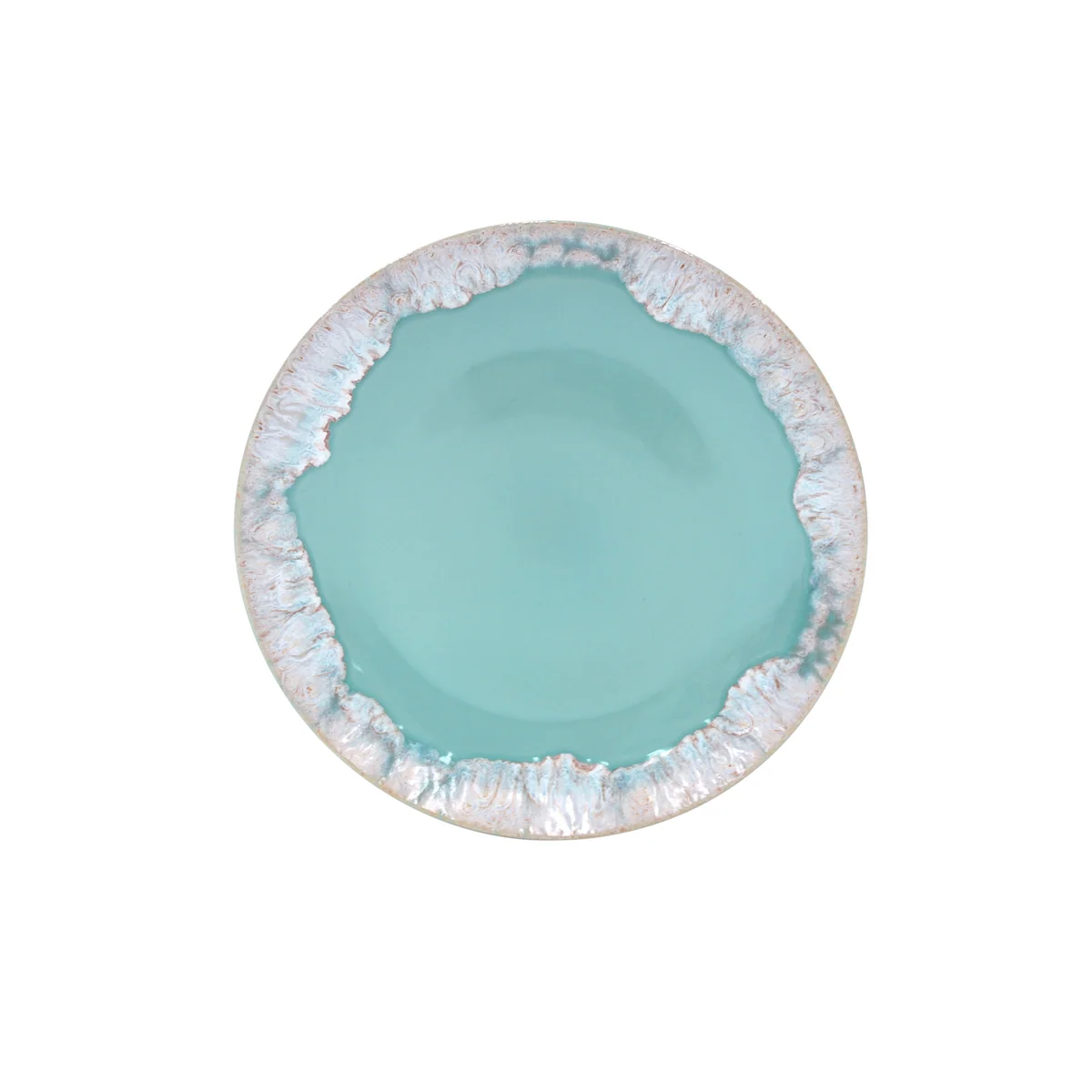 Taormina Aqua Dinnerware round plate with a smooth aqua center and a textured, distressed white rim.