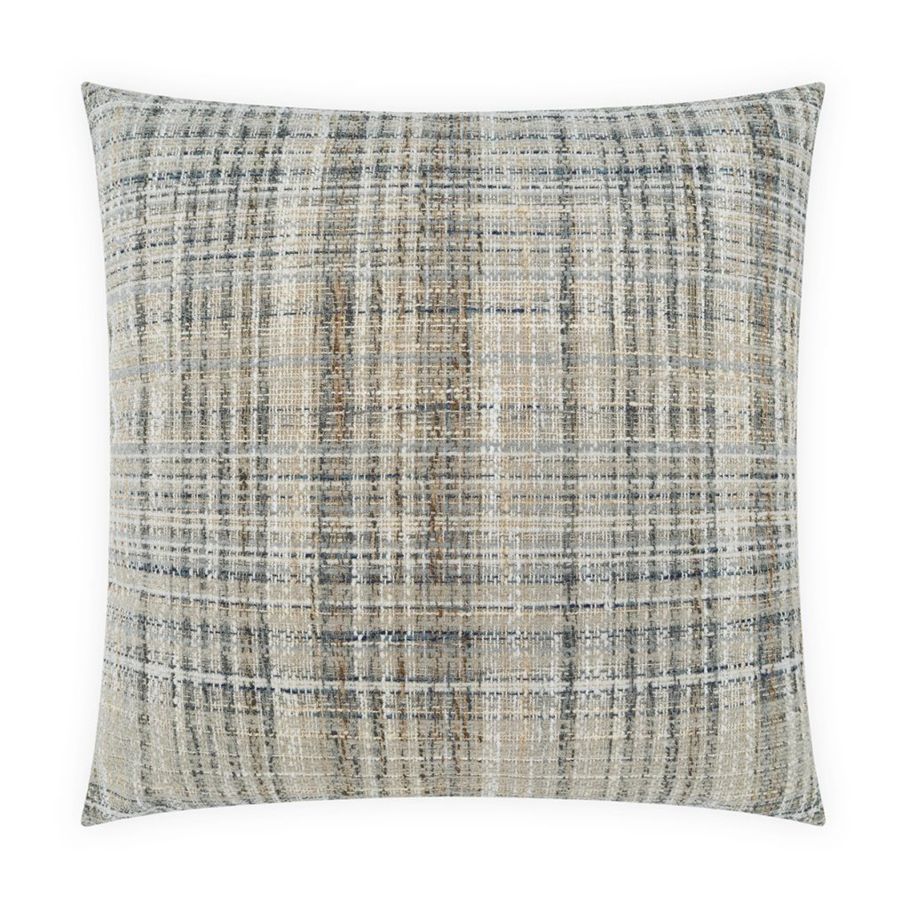 The Biarritz Pillow Granite by D.V. KAP / Canaan Company is a square decorative accent featuring a woven contemporary plaid design in shades of gray, beige, and cream. Its fabric boasts a textured appearance with intersecting horizontal and vertical lines, while the down-filled interior offers plush comfort. This elegant pillow stands out beautifully against a white background.