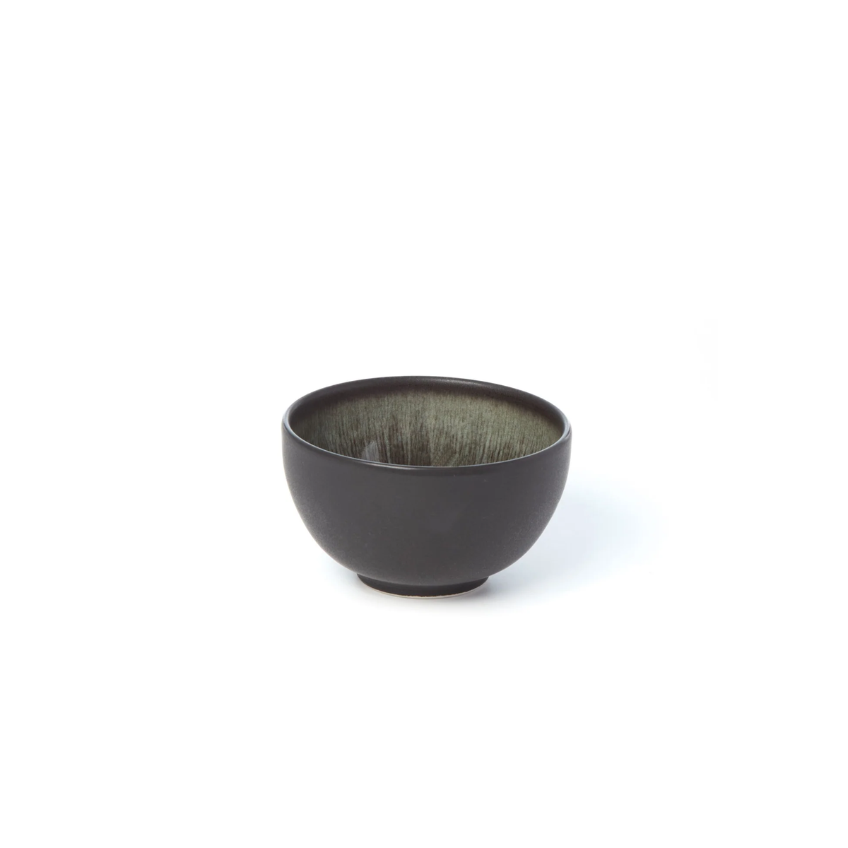 A small, round, black Tourron Samoa bowl by Jars - Rosenthal features a glossy, textured ceramic interior and matte exterior, reminiscent of artisan stoneware, placed on a white background.