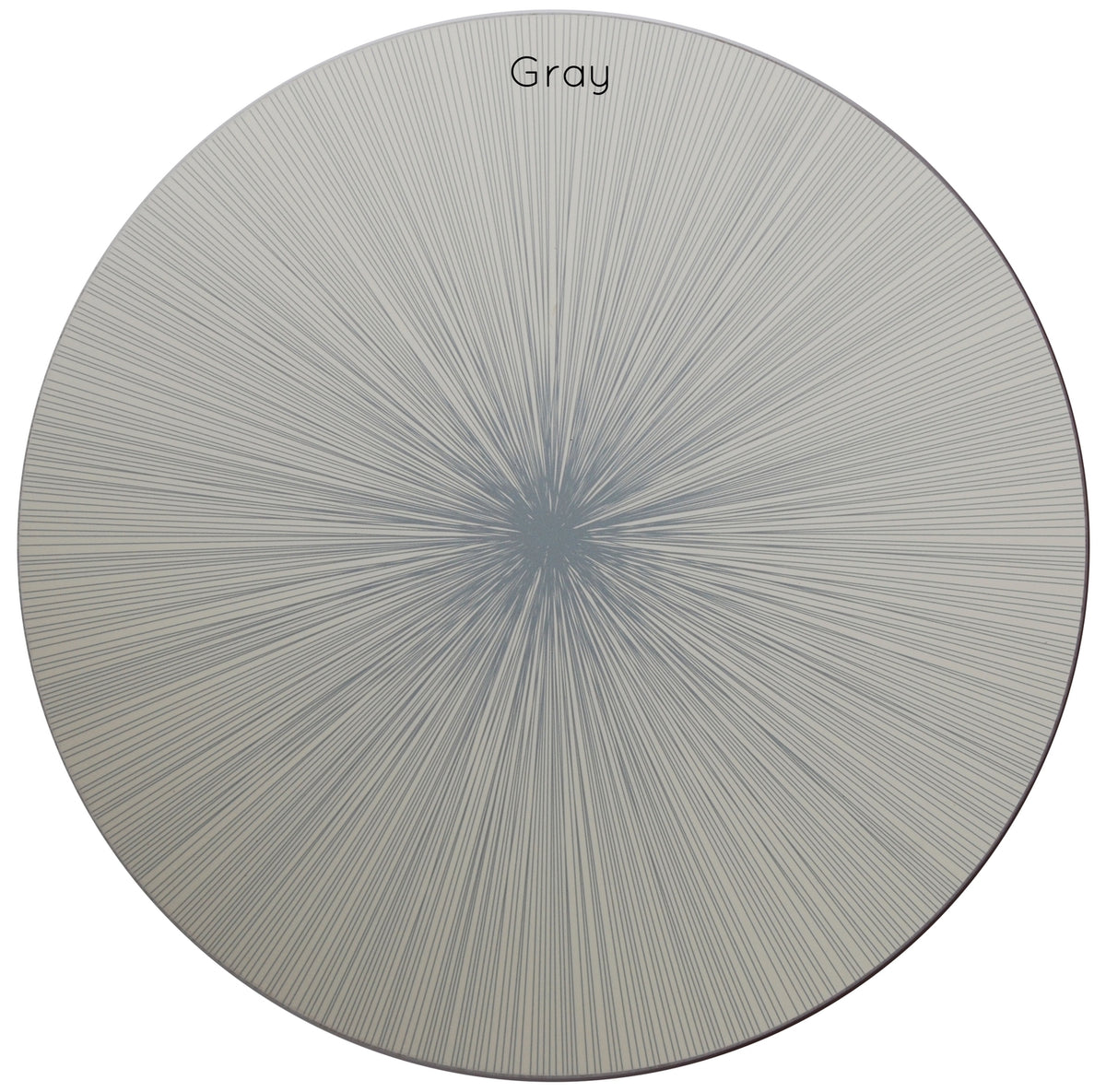 The Tisch New York Graphic Line Placemat set of 4 features a round design with a light background and a striking starburst pattern created by thin gray lines radiating from the center. Labeled “Gray” at the top, each wooden placemat is backed with cork for enhanced durability and grip. Proudly made in the USA.