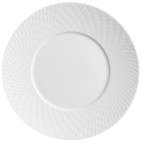 A round white plate from Meissen, the Waves Relief N°41, crafted from modern elegant tableware and featuring the brand’s signature textured wavy pattern on its wide rim, is shown from above against a plain background.