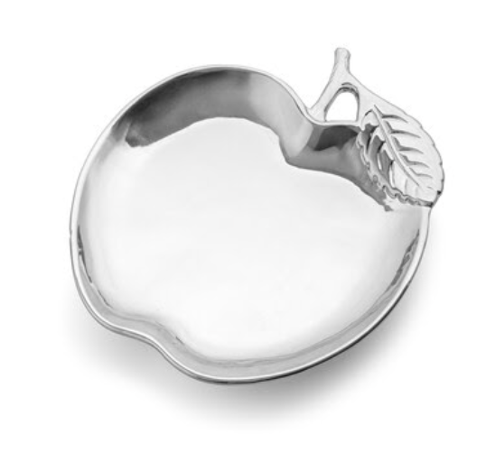 The Godinger Apple Platter - Silver, featuring a delicate stem and leaf design, is displayed on a white background—an elegant apple-shaped silver platter perfect for serving treats on your Rosh Hashanah holiday table.