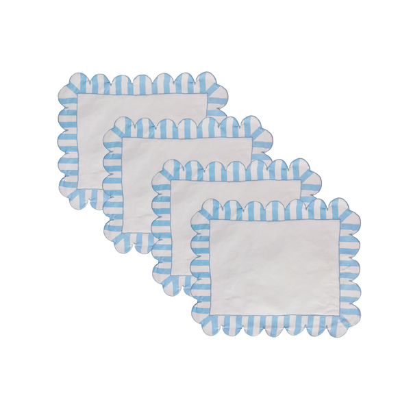 Jardin Linen Scalloped Stripe Rectangle Placemat Set of 4 - Blue.
