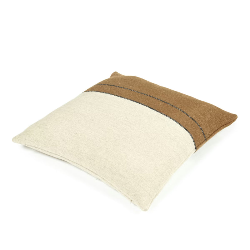 The Gus Stripe Pillow 25 x 25 by Libeco Home is a square linen wool pillow with a color-block design—light beige on the bottom, brown on top, divided by a thin dark stripe. The pillow is shown against a white background.
