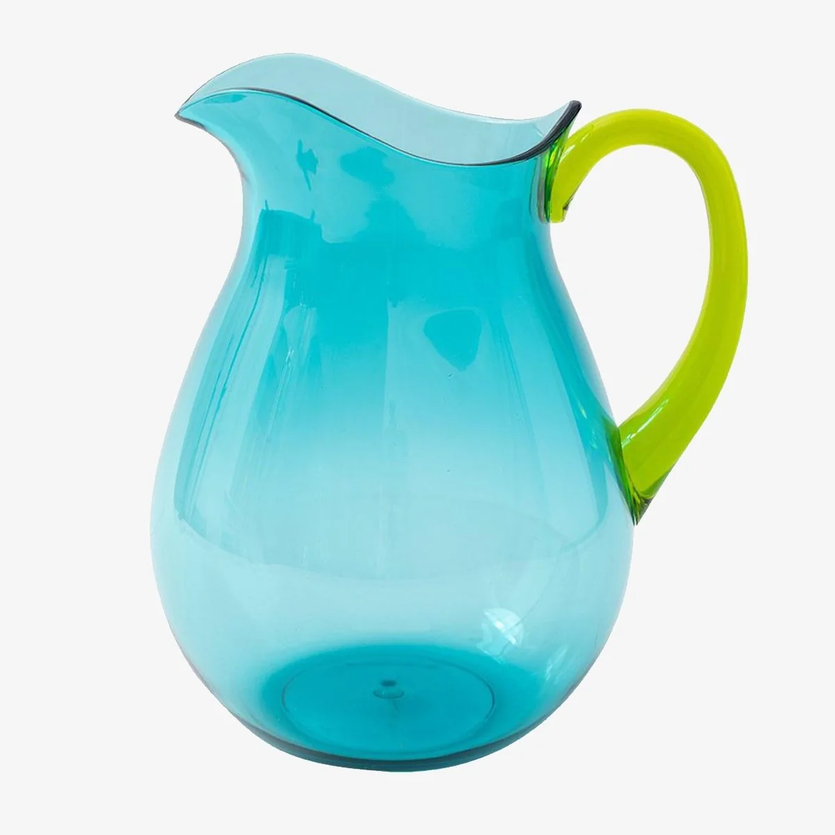The Caspari Acrylic Handled Pitcher in turquoise and green sits beside shatter-resistant tabletop acrylic dinnerware, all set against a white background.