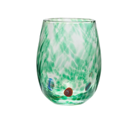 The Gala Stemless Tumbler Set 4 by Kim Seybert features hand-blown Murano glass tumblers adorned with a marbled green pattern and vibrant colored dots—including red and blue—set against a white background. These lively, colorful pieces are perfect for brightening up any table setting.