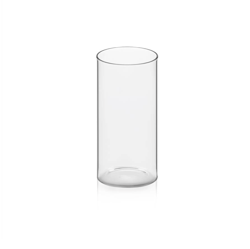 A clear, cylindrical handmade Ichendorf Milano Cilindro Extra Light Drinkware glass tumbler.