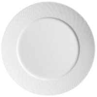 A white ceramic plate with a subtle wavy textured rim, shown from above on a light gray background, highlights the refined design of the Waves Relief N°41 by Meissen—an exquisite example of modern elegant tableware and fine porcelain dinnerware.