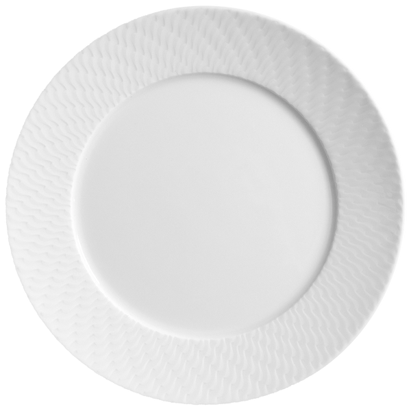 A plain white porcelain plate from Meissen’s Waves Relief N°41 Dinnerware collection, showcasing a delicate wavy textured rim, viewed from above on a light background—an example of modern, elegant dinnerware crafted by Meissen.