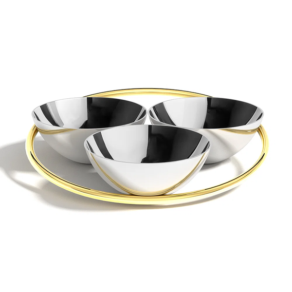 The Anna New York Ring Conjoined Bowls Set of 3 features three hand-polished stainless steel bowls arranged on a flat, circular gold tray with a raised rim, displayed against a plain white background.