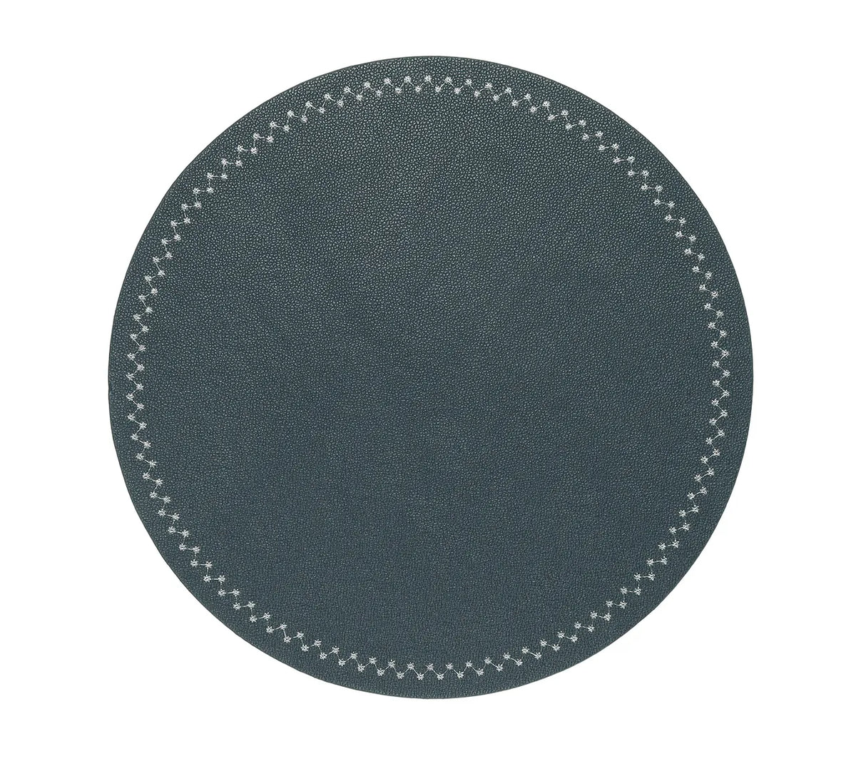 A round, dark gray placemat from the Starry Night Placemat set of 4 by Kim Seybert features a subtle texture and a white zigzag stitched border around the edge, offering both style and practicality for any tabletop setting.