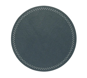A round, dark gray placemat from the Starry Night Placemat set of 4 by Kim Seybert features a subtle texture and a white zigzag stitched border around the edge, offering both style and practicality for any tabletop setting.