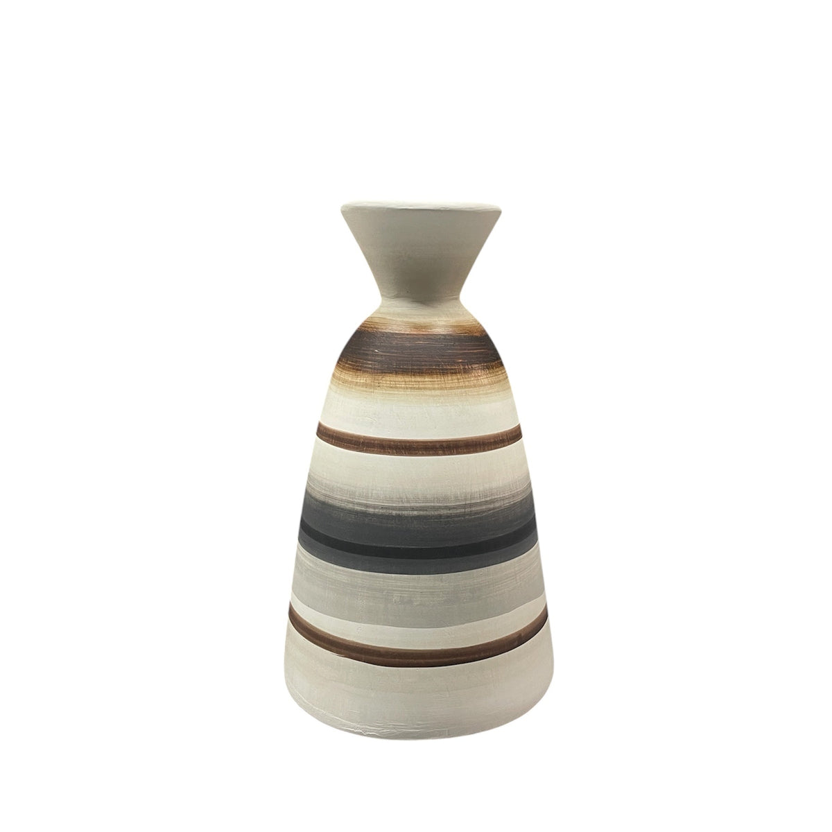Elevate your space with the Carina Vase - Small by Mood Dekor, a sculptural ceramic vase featuring a narrow neck and flared rim. Its smooth, matte surface is adorned with horizontal stripes in warm brown, gray, and beige tones—an ideal choice for introducing modern earthy decor to any room.