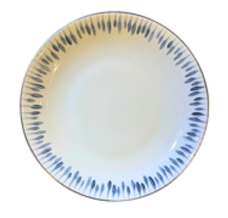 The Marie Daâge Allee de Cypres 3 Platinum Rim Dinnerware is a round ceramic plate with a white center and blue leaf-like border, hand-painted for a simple, modern look that elevates any table setting.