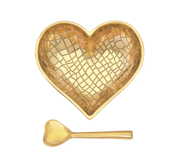 The Inspired Generations Happy Heart Croc Bowls With Spoon in bright gold features a textured, heart-shaped bowl with a matching gold heart-shaped spoon placed beneath it.