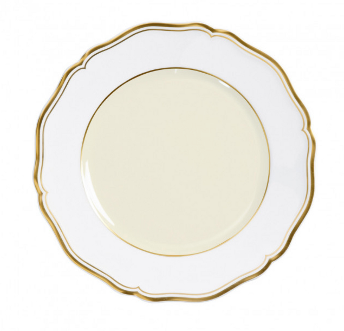 The Mazurka Gold & Ivory by Raynaud is a round, white Limoges porcelain plate with scalloped edges and gold trim, viewed from above against a white background, showcasing exquisite French craftsmanship.