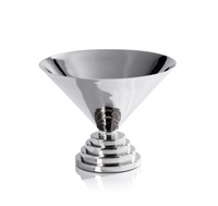 The Malcolm Condiment Bowl by Zodax features a shiny, silver, cone-shaped metal design with a wide rim and stepped, circular base that evokes Art Deco elegance; its polished nickel surface is beautifully photographed against a white background.