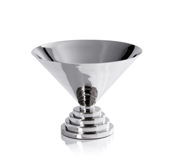 The Malcolm Condiment Bowl by Zodax features a shiny, silver, cone-shaped metal design with a wide rim and stepped, circular base that evokes Art Deco elegance; its polished nickel surface is beautifully photographed against a white background.