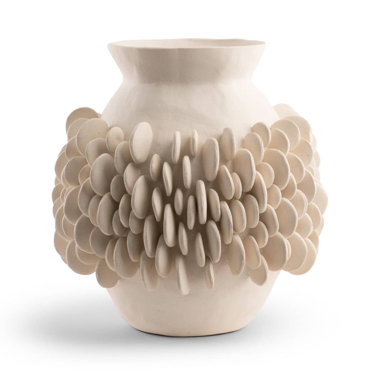 The Kinsley Vase by FlowDecor Inc. is a white ceramic vase with a matte finish, featuring clusters of round, flat discs densely arranged around its center for a textured, sculptural look.