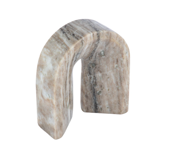 The Arden Arch Sculpture by Go Home is a small, upright arch made of polished stone with natural beige, brown, and gray marbling—a modern accent and sculptural statement piece.