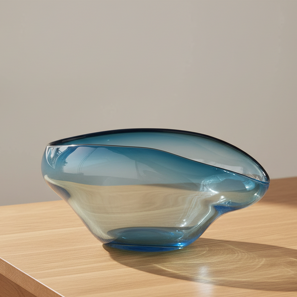 A modern, asymmetrical Harmony Bowl Dark Blue from Global Views / Surya with an ombré design rests on a light wooden surface, casting a gentle shadow in natural daylight. This distinctive serving piece brings sophistication to any setting.