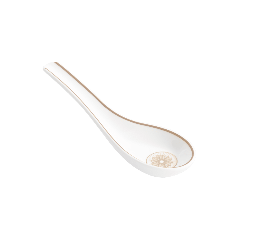 The Christofle Malmaison Imperiale Porcelain Dinnerware Platinum soup spoon features a platinum floral pattern in the bowl and a matching platinum line along the rim and handle, set against a pure white background.