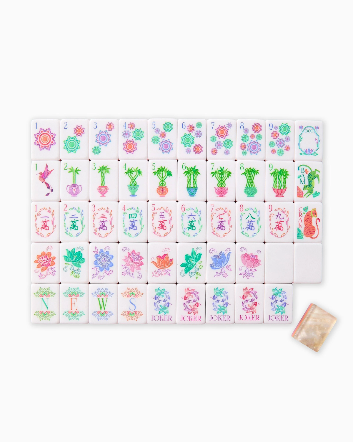 Experience game nights in style with the Oh My Mahjong Mahjong Tiles Set – Pearlescent. This vibrant set features colorful, pearlescent tiles showcased in neat rows, each displaying intricate patterns of flowers, birds, and dragons. Complete with four JOKER tiles and a handy small bag for storage, this stunning mother-of-pearl set brings an elegant touch to every gathering.