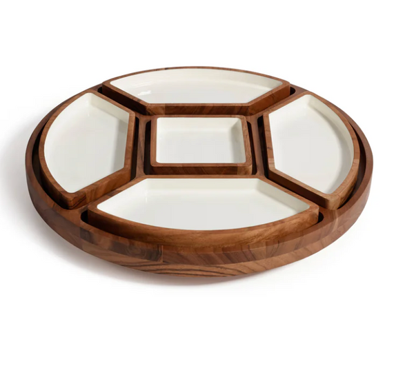 The Zodax Walden 5 Section Lazy Susan is a round wooden tray featuring five removable white ceramic compartments around a central square section, ideal for serving snacks or appetizers in style.