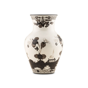 The Oriente Italiano Ming Vase 9" by Ginori 1735 features intricate black floral, geometric, and scenic designs on white ceramic, adding Italian elegance to any space. Displayed on a plain white background.