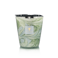 The Baobab Leaves Marius Candle is a marbled green and white hand-blown glass candle with a black branded cover and label, shown against a white background.
