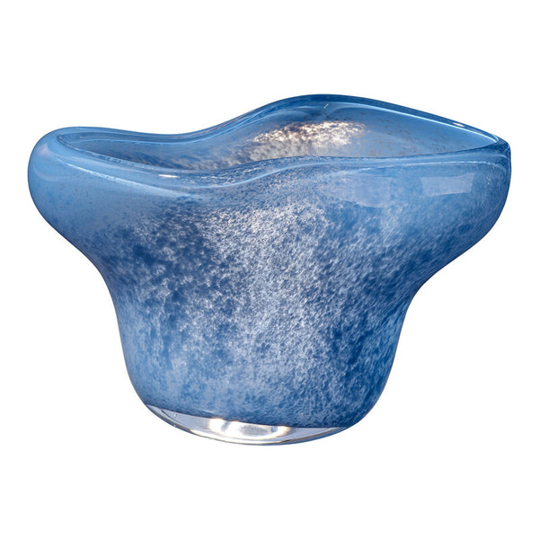 A striking centerpiece, the Waters Edge Blue Glass Bowl by Jamie Young features a rich ocean-blue hue accented by wavy rims and textured, cloudy white patterns throughout. With its smooth, glossy surface and organic, flowing silhouette, this handblown glass bowl adds an elegant touch to any space.
