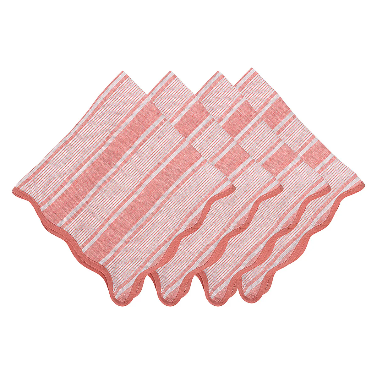 The Juliska Cabana Stripe Napkin Set of 4 in coral features red and white linen napkins with scalloped trim, neatly arranged in an overlapping pattern.