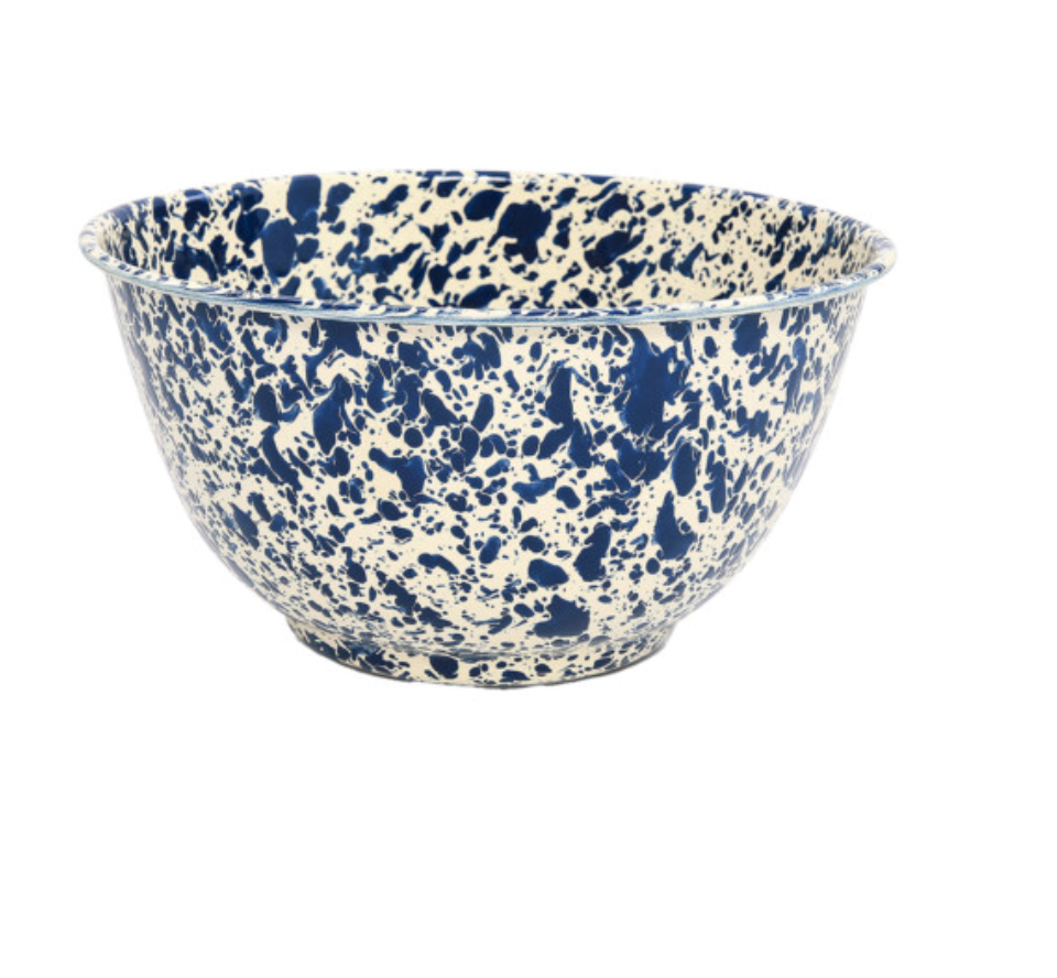 The Crow Canyon Home Splatterware Salad Bowl in Navy & Cream (Large) features a stylish splatter pattern and durable enamelware, ideal for all your kitchen mixing needs.