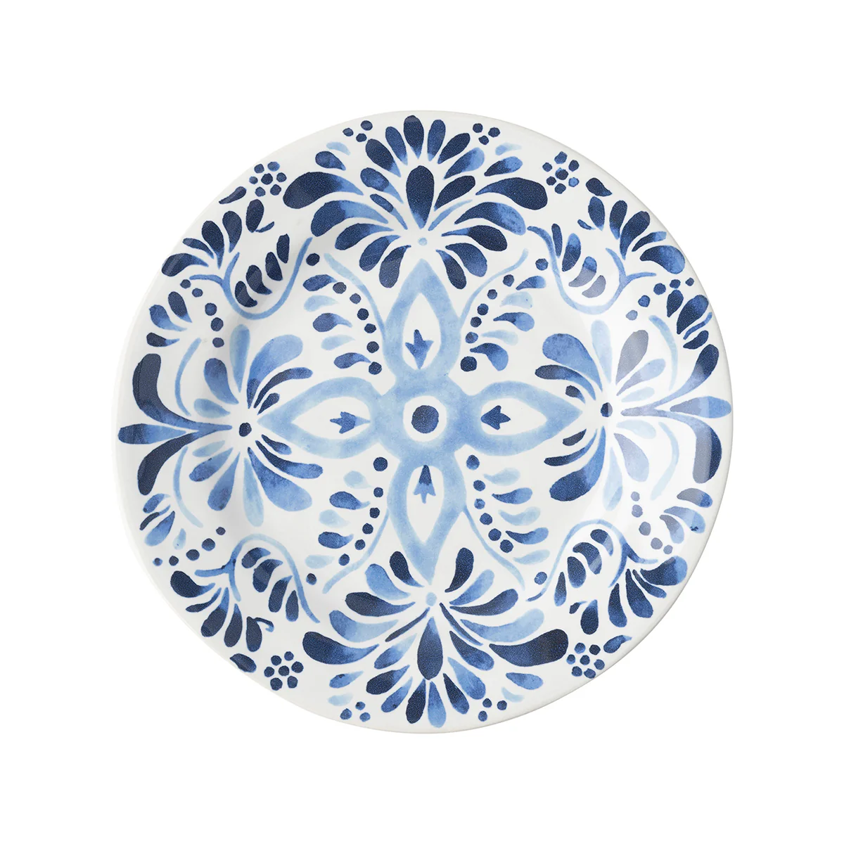 The Juliska Iberian Dinnerware is a round ceramic plate featuring an intricate blue and white floral and geometric pattern inspired by traditional hand-painted Iberian Journey cobalt blue tiles on a white background.