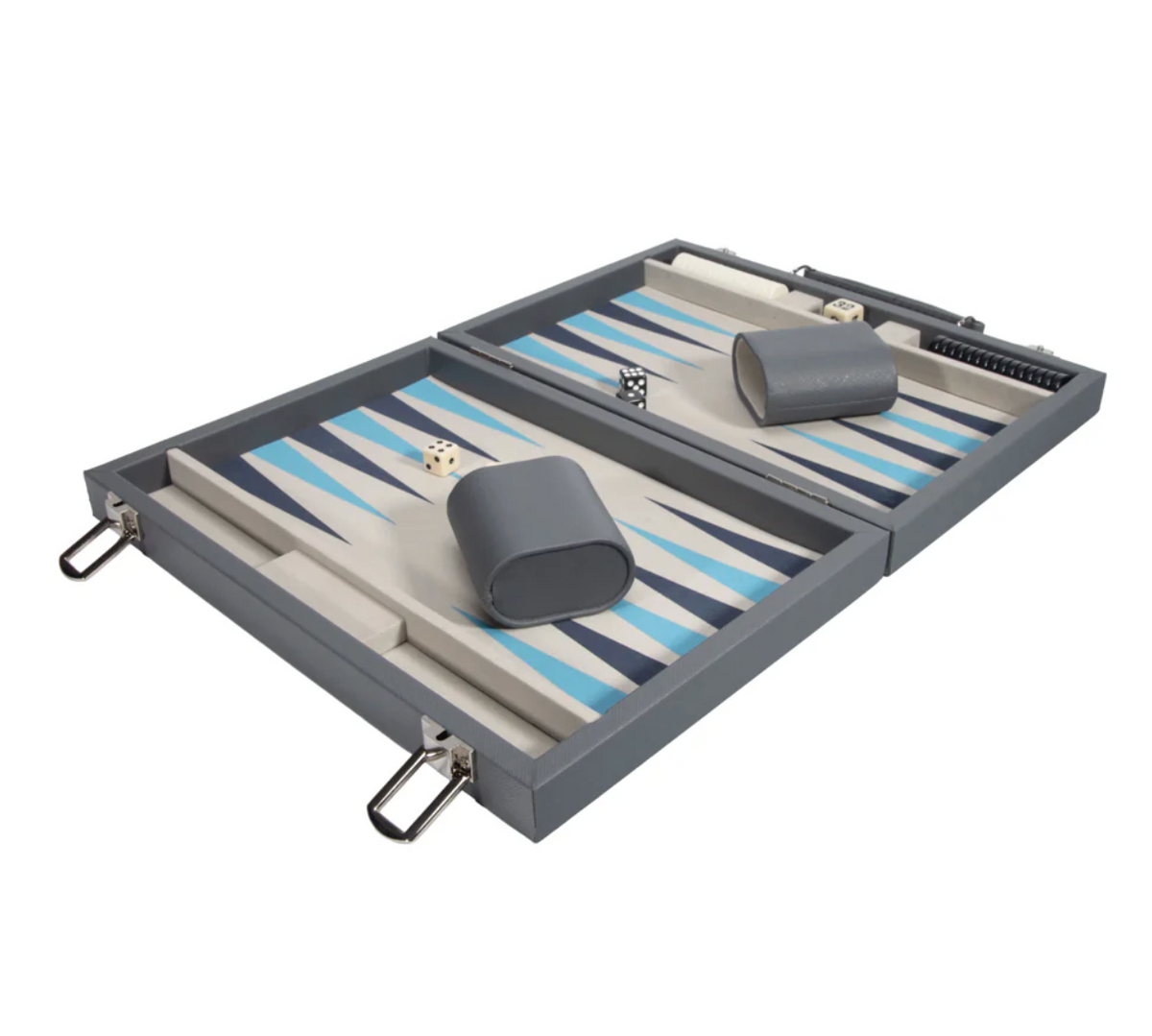 Open the Mini Travel Backgammon Set by Brouk & Co featuring blue, white, and gray triangles, gray dice cups, dice, and checkers—all stored in a sleek gray carrying case with metal clasps—perfect for travel.