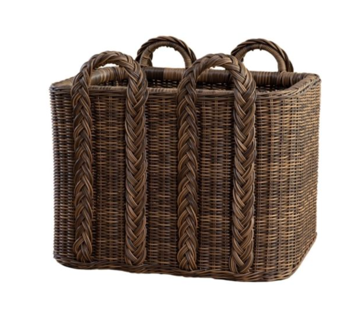 The Newport Outdoor Rectangular Basket - Walnut by Memoire Designs is crafted from all-weather synthetic rattan and features three thick braided front handles and two small top loop handles.
