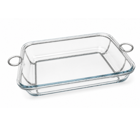 The Godinger Loop Glass Rectangle Baker Bowl - Silver features a clear rectangular glass design with two sleek metal handles, making it perfect for serving your culinary creations oven-to-table against a crisp white background.