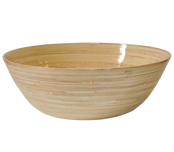 The Albert L Bamboo Classic Banquet Bowl - Natural features a large, round handcrafted bamboo design with a polished finish and visible grain. Its wide opening makes it a perfect eco-friendly serving bowl for any occasion.