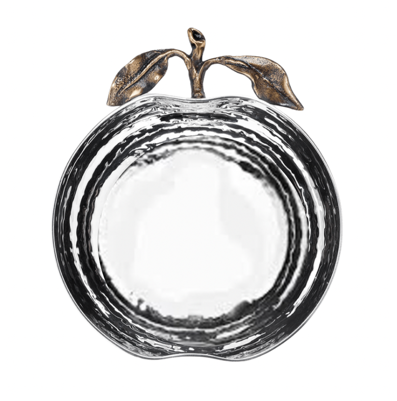Introducing the Pomona Apple Bowl by Mary Jurek—a round, silver dish elegantly shaped like an apple, complete with a metallic stem and two decorative leaves. Its reflective, textured surface makes this bowl perfect for holiday serving and adds a festive touch to your Rosh Hashanah table.