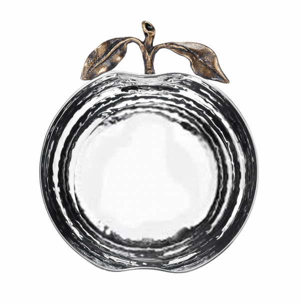 Introducing the Pomona Apple Bowl by Mary Jurek—a round, silver dish elegantly shaped like an apple, complete with a metallic stem and two decorative leaves. Its reflective, textured surface makes this bowl perfect for holiday serving and adds a festive touch to your Rosh Hashanah table.