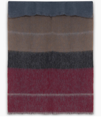 The Boher Extra Large Throw is a hand-finished luxury mohair blanket featuring soft-textured, wide horizontal stripes in shades of blue, brown, dark gray, and deep red.