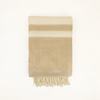 Folded Kallpa Collection Alpaca Throw - Tobacco & Wheat with cream and tan horizontal stripes and fringe on one end.