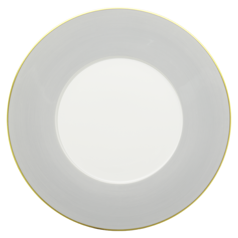 A round, grey porcelain Lexington Dinnerware plate by Mottahedeh/Robert Haviland, featuring a thin gold rim, viewed from above against a white background.