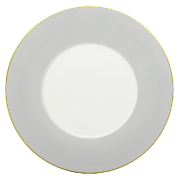 A round, grey porcelain Lexington Dinnerware plate by Mottahedeh/Robert Haviland, featuring a thin gold rim, viewed from above against a white background.