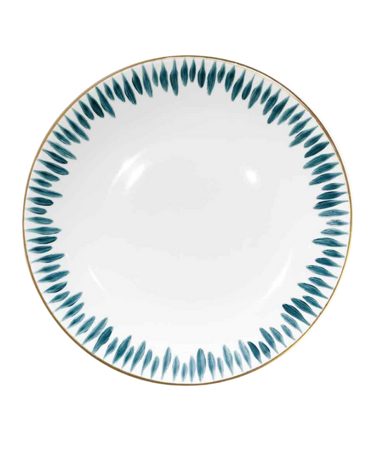 The Marie Daâge Allee de Cypres 3 Platinum Rim Dinnerware features a white porcelain plate with a platinum rim and blue-green leaf patterns on the border, while the center remains plain.