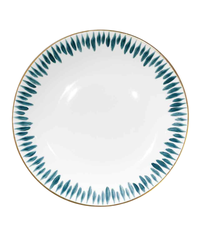 The Marie Daâge Allee de Cypres 3 Platinum Rim Dinnerware features a white porcelain plate with a platinum rim and blue-green leaf patterns on the border, while the center remains plain.