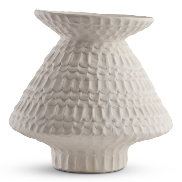 The Teramo Vase by FlowDecor Inc. features a scalloped, scale-like textured white ceramic design with a wide flared rim and base, an asymmetrical modern shape, and a matte finish.